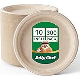JOLLY CHEF Compostable Heavy Duty Plates 𝟭𝟬 𝗜𝗻𝗰𝗵 [𝟯𝟬𝟬 𝗣𝗮𝗰𝗸] Eco-Friendly Disposable Paper Plates Made of Bagasse Biodegradable Bulk for Party Dinner Sugarcane Thanksgiving Day (Natural)