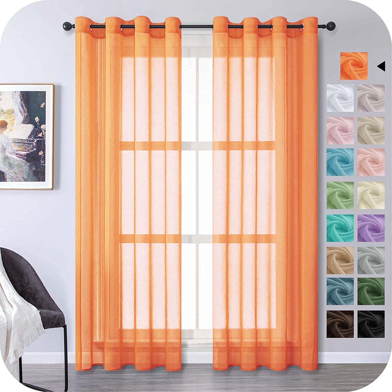 MRTREES Voile Curtains 88 Inch Drop 2 Panels Faux Linen Eyelet Sheer Curtain Panel for Bedroom Living Room Patio Door 55x88 Inch Drop 140cm x 225cm Orange โ image 1