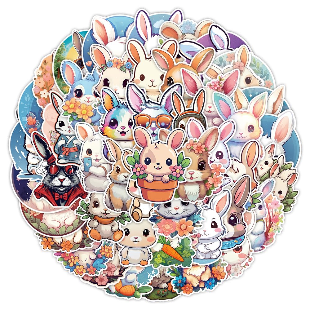 Cute Bunny Vinyl Stickers, 50 PCS Waterproof Cartoon Rabbit Decals for Laptops, Scrapbooking, Journals, Notebooks, Water Bottles, Suitcases, Phones & DIY Decor