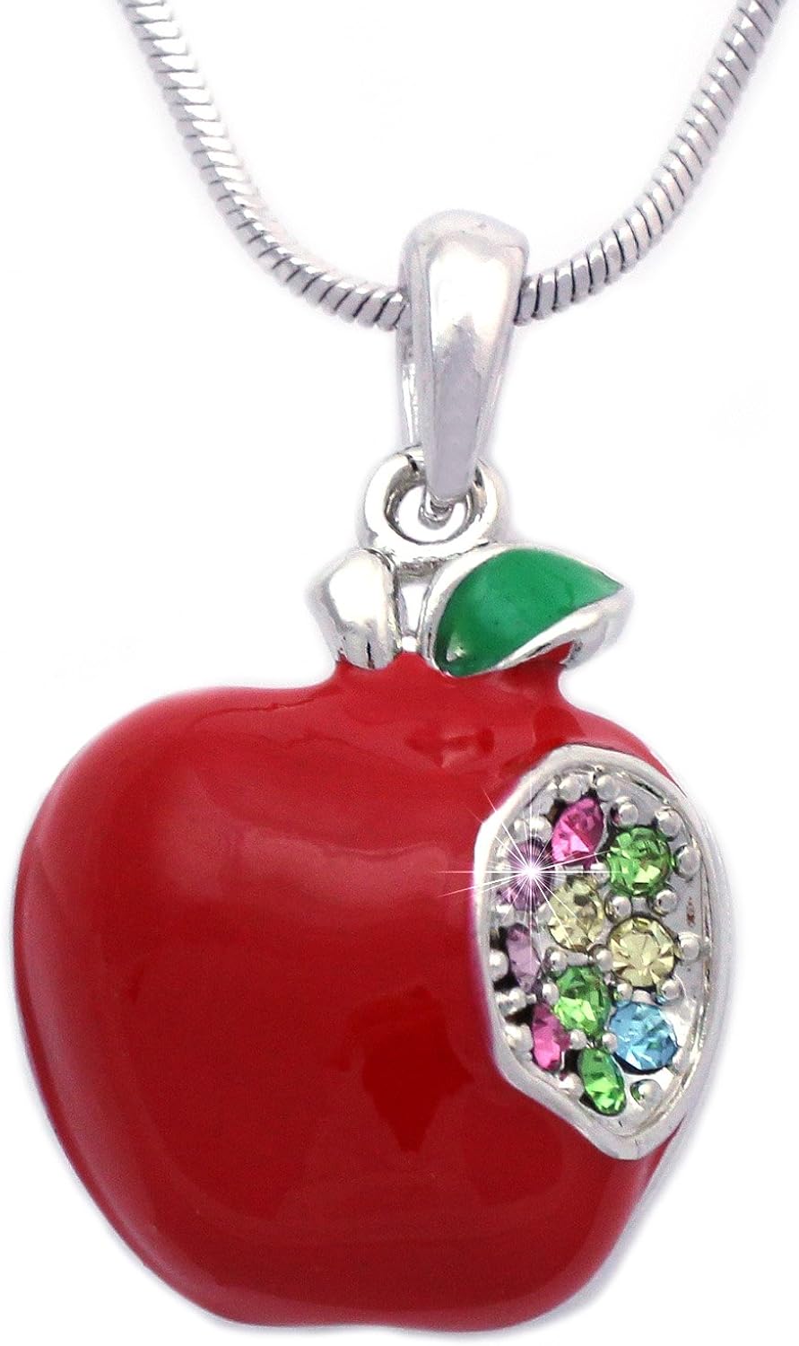 3D Red Apple w/One Bite Heart Pendant Necklace Jewelry Gift for Teachers