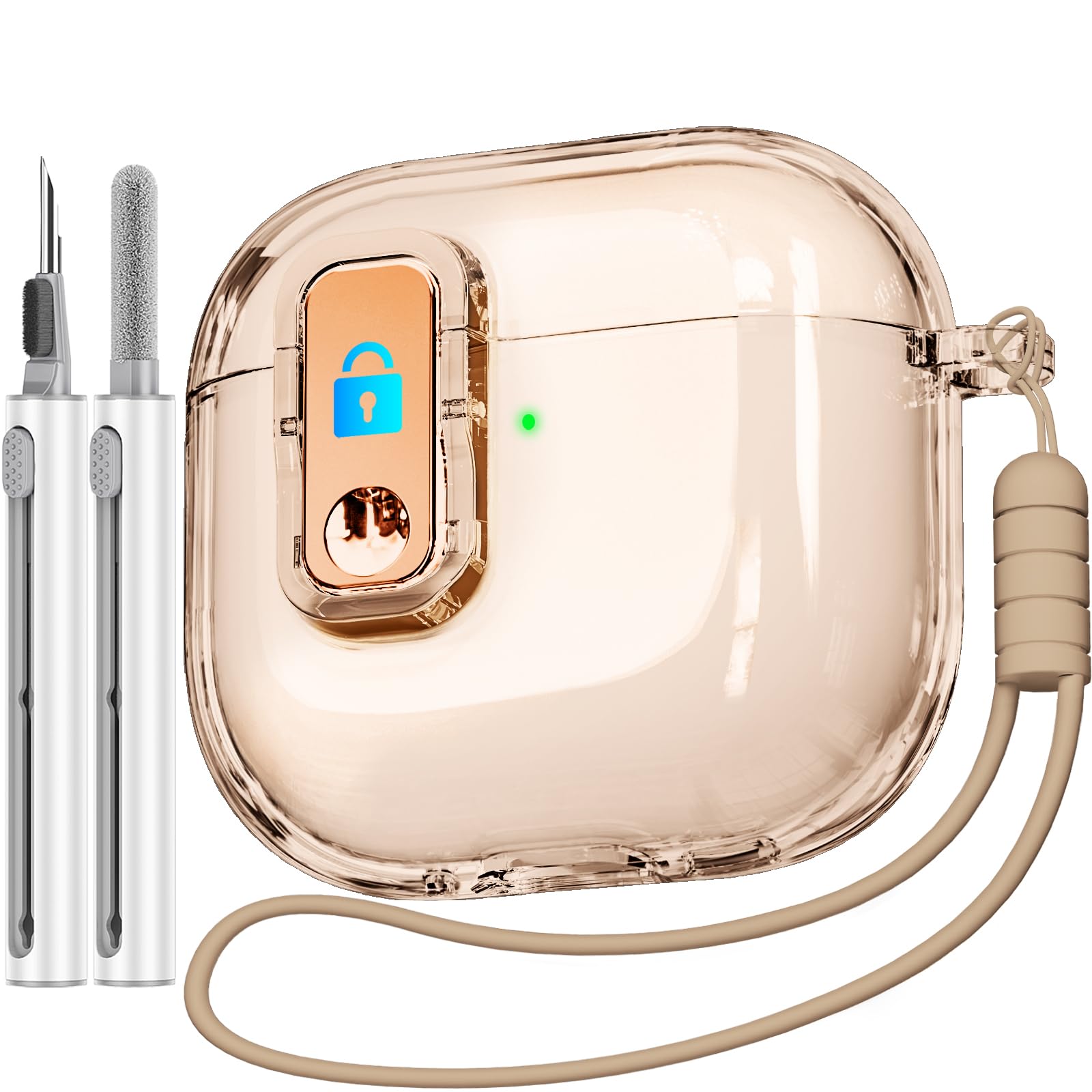 Photo 1 of (with Safety Lock) Clear Case Compatible with AirPods 4th Generation with Cleaner Kit,Soft TPU Transparent AirPods 4 Case,Full Protection Cover with Lanyard for AirPods 4 Gen (2024) Desert Gold