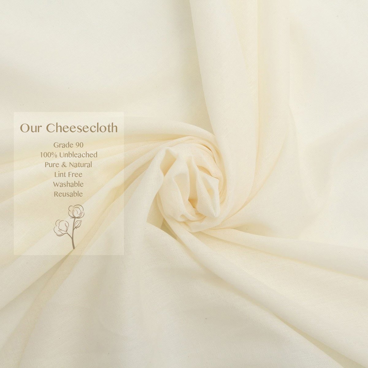 Cheesecloth, Grade 90, 36 Sq Feet, Reusable, 100 Unbleached Cotton