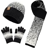 Lrastok Women Winter Hat Scarf Gloves Slouchy Beanie Set, Warm Fleece Hat Long Knit Scarf Touchscreen Gloves