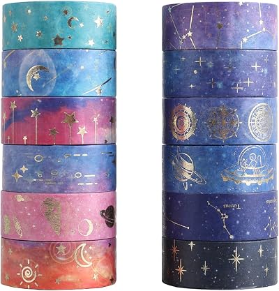 Udewo 12 Rolls Galaxy Purple Washi Tape Set 2m x 15mm Gold Foil