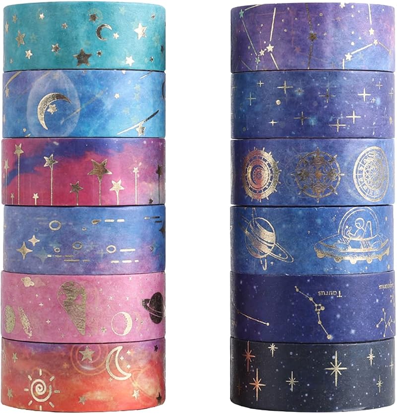 Udewo 12 Rolls Galaxy Purple Washi Tape Set 2m x 15mm Gold Foil