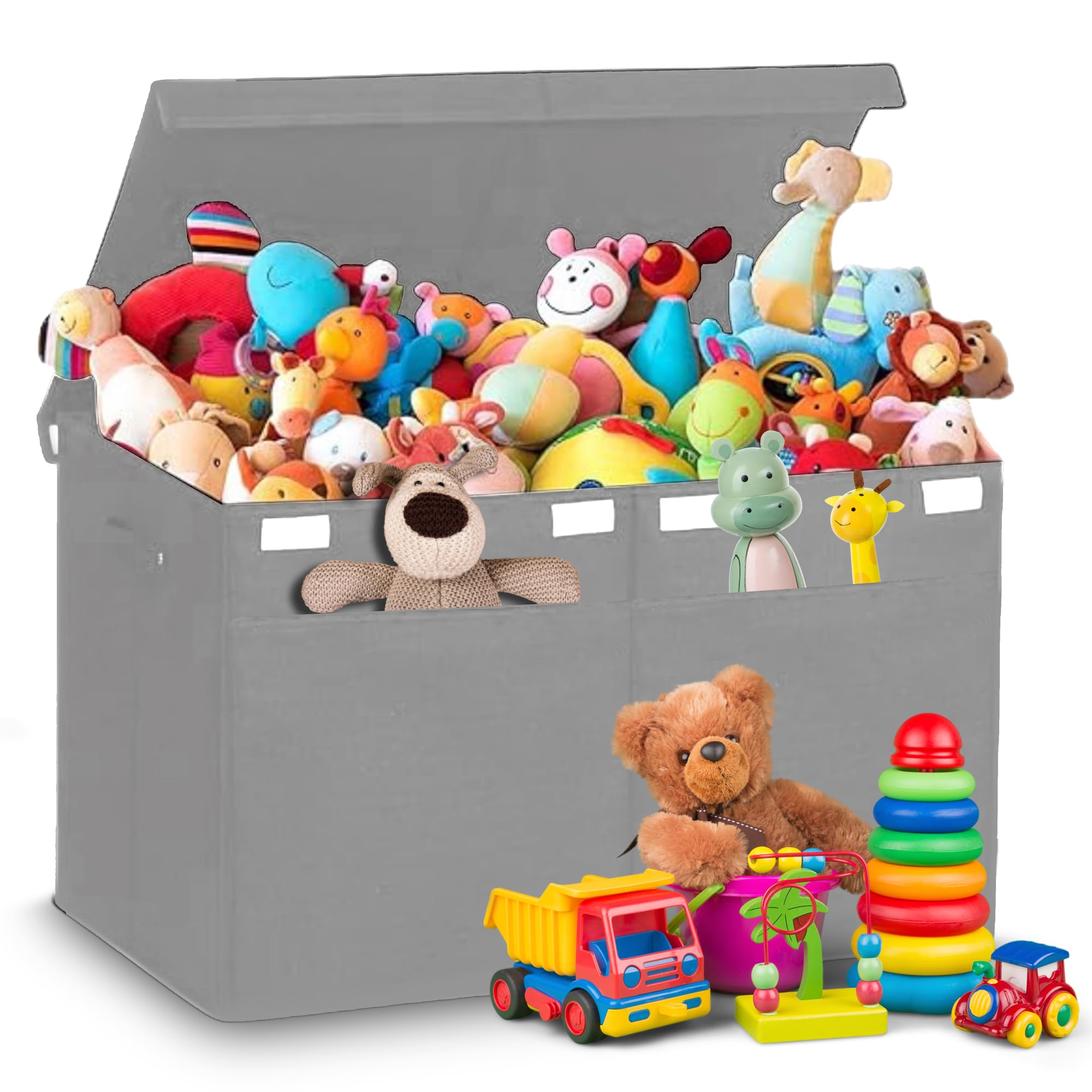 RampSupplies Large Lightweight Foldable Fabric Storage Box with Lid, Collapsible Toy Box Bins Baskets with 2 Large Pockets for Kids, Clothes, Books,62x42x33cm(Gray)