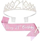 CAVETEE 21st Birthday Tiara and Sash Set, It's My 21st Birthday Glitter Sash & Rhinestone Crown, 21st Birthday Decorations for Her