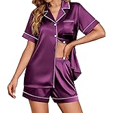 Ekouaer Womens Satin Silk Pajamas Set Short Sleeve Sleepwear Button Down Top and Shorts Loungewear 2 Piece Pjs Set S-XXL