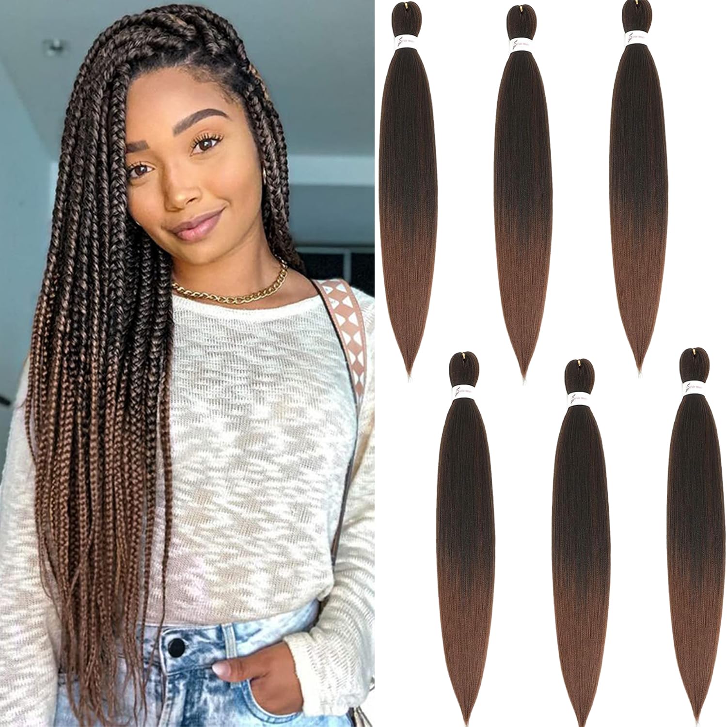 Pre-stretched Braiding Hair Easy Braid 6 Packs/Lot Professional Synthetic Fiber Crochet EZ Braids Yaki Texture Braiding Hair Extensions (30 inch,1B/30)