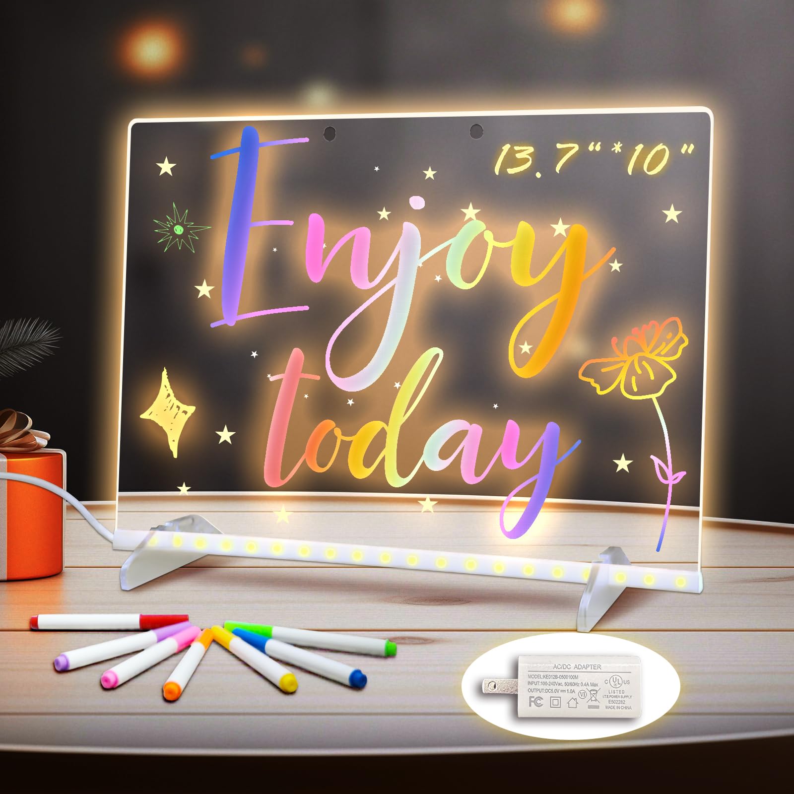 Photo 1 of **MISSING PARTS**LED Note Board with Colors, 13.7"X10" 6 Modes & 8 Colors Acrylic Dry Erase Boards with Light, Include Adapter, Hanging Chain, Led Drawing Board for Kids with Stand,7 Markers, Spray Bottle