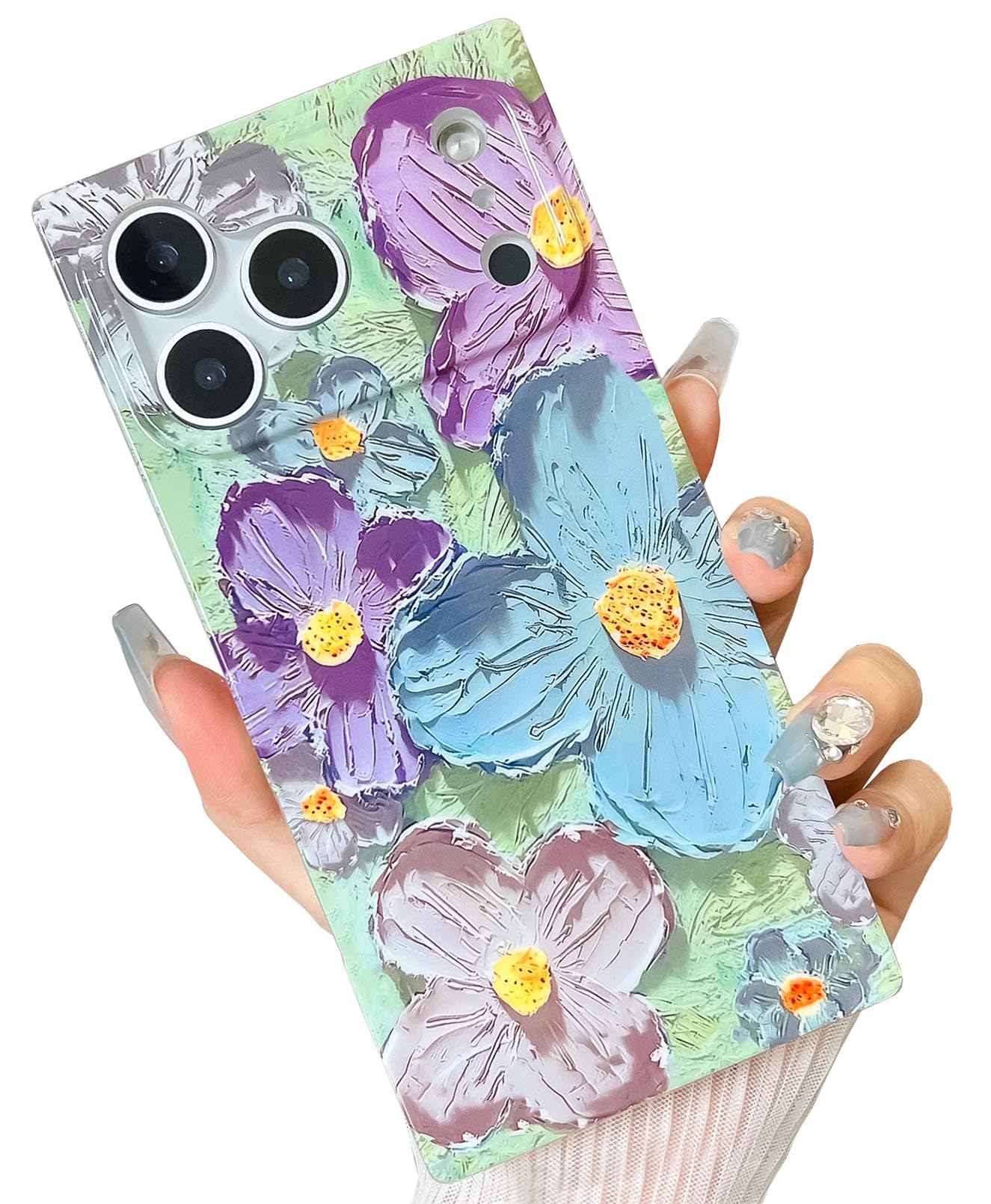 Photo 1 of KERZZIL Elegent Girly 3D Flower Compatible with iPhone 14 Pro Max Rectangle Edge Case, Cute Floral Pattern Slim Soft TPU Protective Bumper Cases Cover(Blue Purple,14 Pro Max)