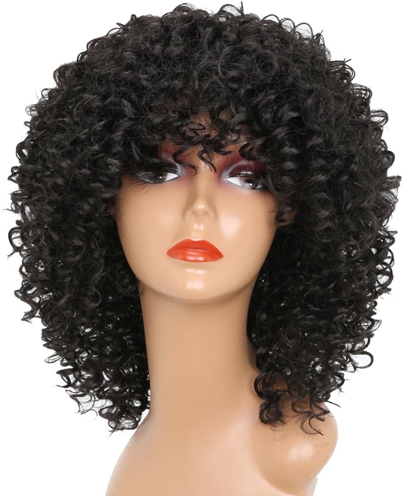 MERISIHAIR Short Curly Wigs for Black Women Synthetic Afro Curly Hair for African American Women Black Natural Color Heat Resistant Fiber with Wig Cap