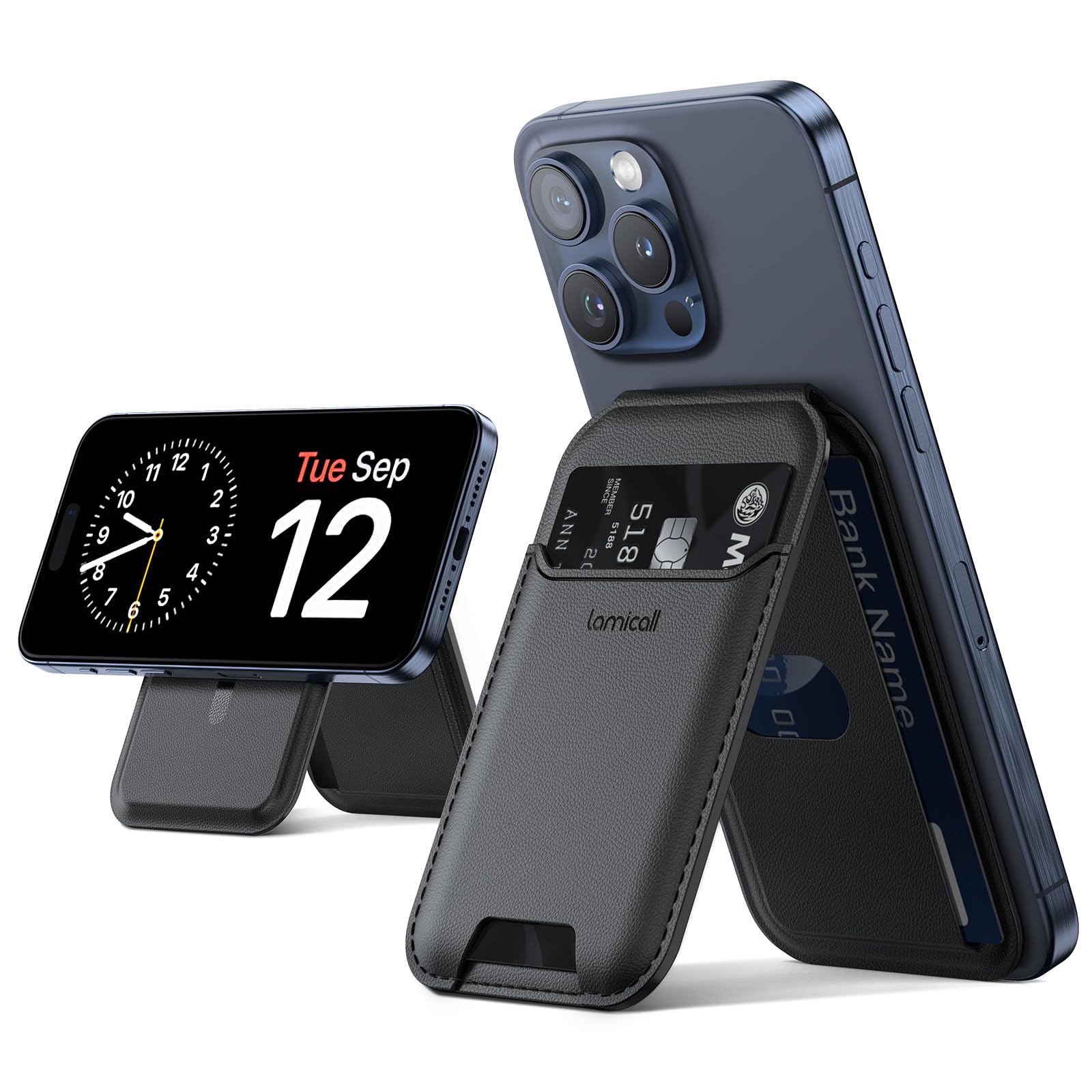 Lamicall Phone Card Holder with Magsafe Wallet Stand - [Ultra Light] Premium Vegan Leather & 3 Card Case Slots, Magnetic Card Holder for iPhone 17 16 15 14 13 Air Pro Max Plus & MagSafe Case - Black