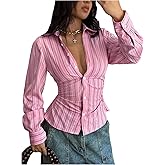 Milumia Women's Striped Button Up Collared Shirt Y2k Long Sleeve Fitted Blouse Tops