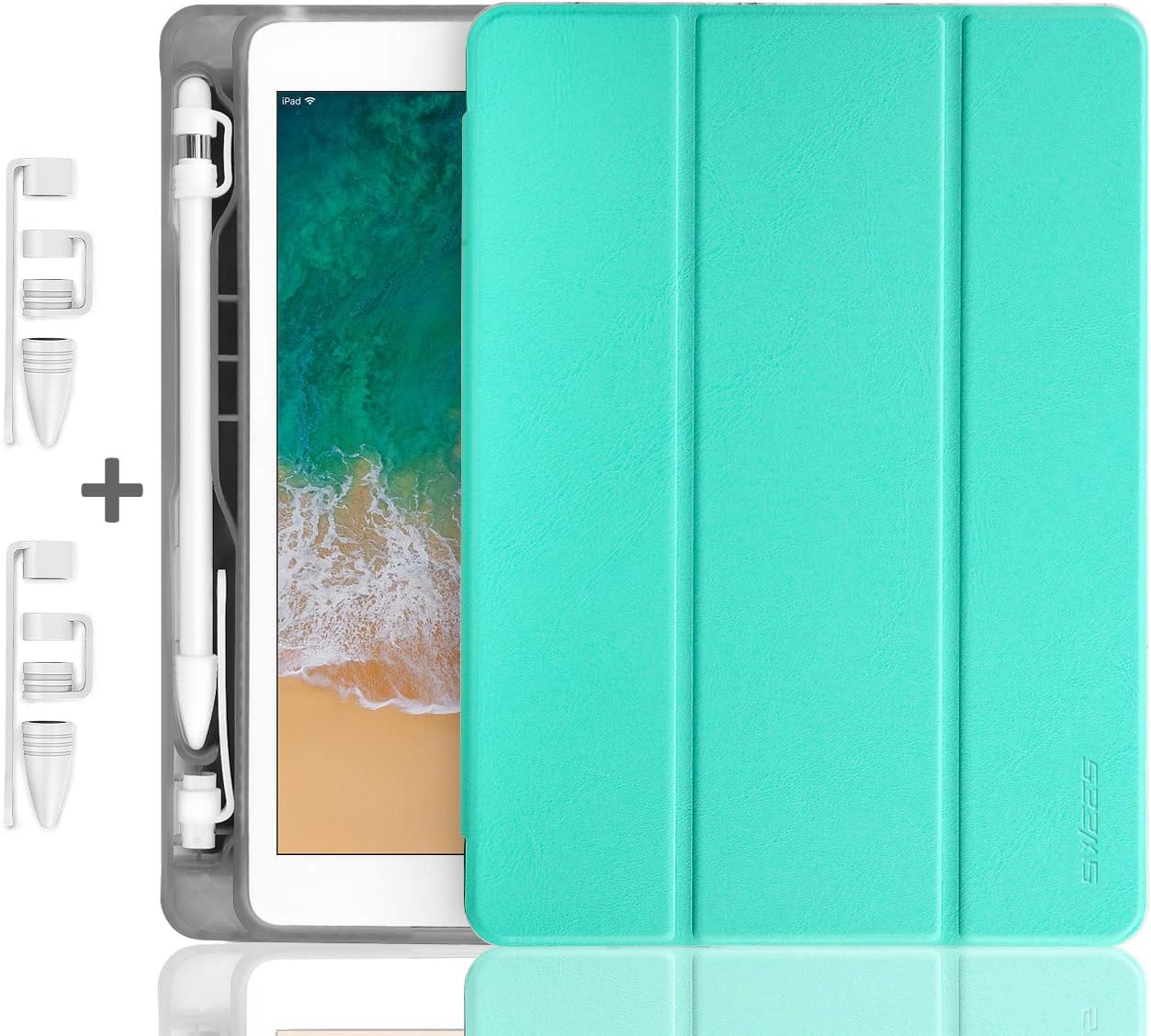 SWEES Compatible with iPad 9.7 2018/2017 Case with Pencil Holder, Shockproof Leather Smart Cover Auto Sleep/Wake with Pencil Cap Holder Compatible with iPad 9.7 inch 6th/5th Generation, Mint Green