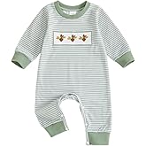 Santikisler Newborn Baby Boy Thanksgiving Outfit Turkey Embroidery Long Sleeve Romper Jumpsuit Striped Fall Clothes