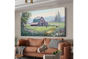 Acocifi Farmhouse Cabin Wall Art Canvas Rustic Cow Barn Landscape Picture Nature Wildflower Painting, Textured Artwork Large Framed for Living Room Bedroom Bathroom Kitchen Office Home Decor 40"x20"