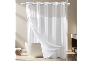 River Dream White Fabric Shower Curtain Set, Cotton Blend, Waffle Weave, with Snap in Replacement Liner，71 x 74 inches