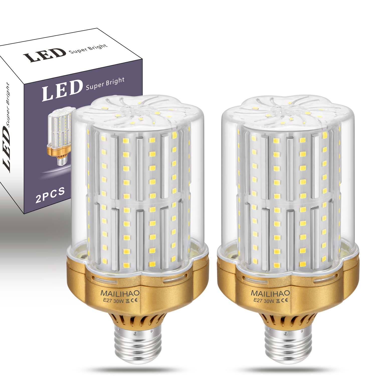 MAILIHAO 2pcs-Pack 30W Super Bright E27 LED Corn Bulb (250W Corresponds Bulbs) Cold White 6000K 3500LM Corn Lamps LED Bulbs for Factory Warehouse Garage Yard, Non Dimmable