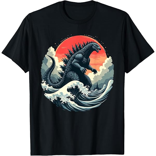 Vintage Japanese Godzilla Great Wave T-Shirt – Unisex, Short Sleeve, Graphic Print, S-5XL
