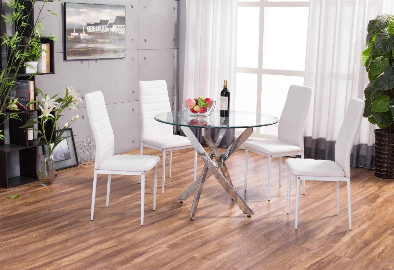 New Novara Chrome Round Circular Glass Round Dining Table And 4 Faux Leather Dining Chairs Seats (4 White Chairs)