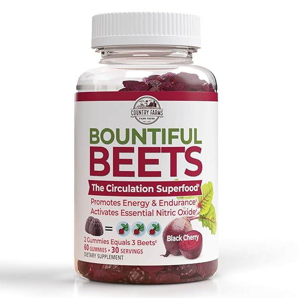 COUNTRY FARMS BOUNTIFUL BEETS GUMMIES, CIRCULATION SUPERFOOD, PROMOTES ENERGY AND ENDURANCE, NITRIC OXIDE BOOSTER, 30 SERVINGS, WHITE, 60 COUNT