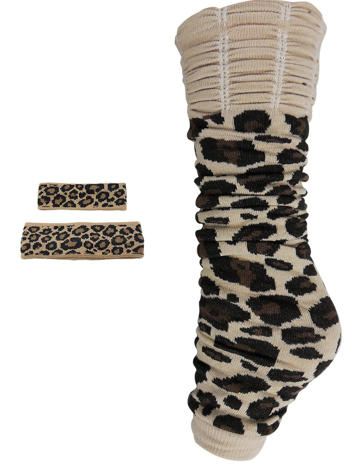 DigitalSpot Womens Wristbands Headband And Legwarmers Set Ladies 80s Themed Party Sweatbands Fancy Dress Accessory Leopard