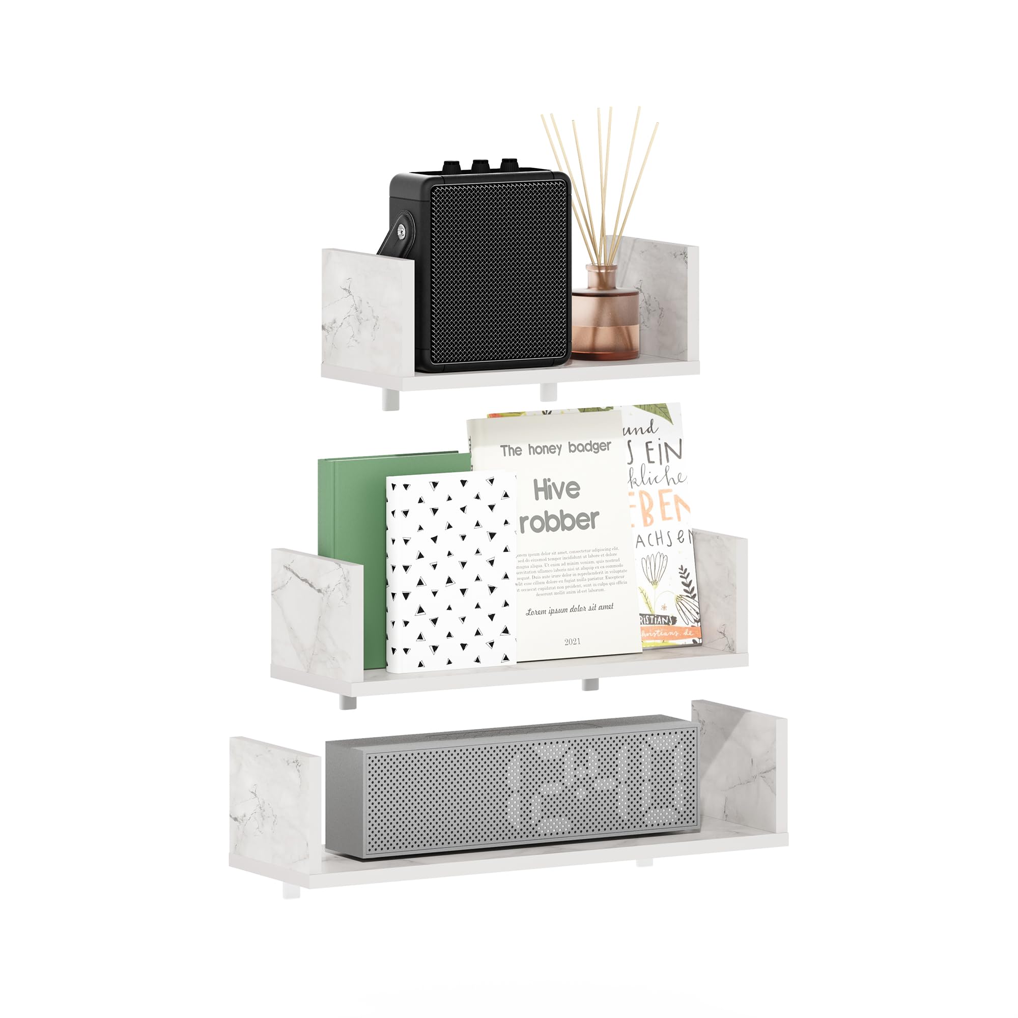 Furinno ROSSI Floating Shelves for Wall Set of 3, Wall Shelf, Wall Mounted Shelves for Bathroom, Home Office, Living Room, Marble White