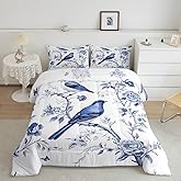 Erosebridal Spring Garden Queen Comforter Set Cute Birds Animal Wildlife Bedding Sets,Girly Rose Floral Down Comforter White Navy Blue Quilted Duvet for Mum,Microfiber