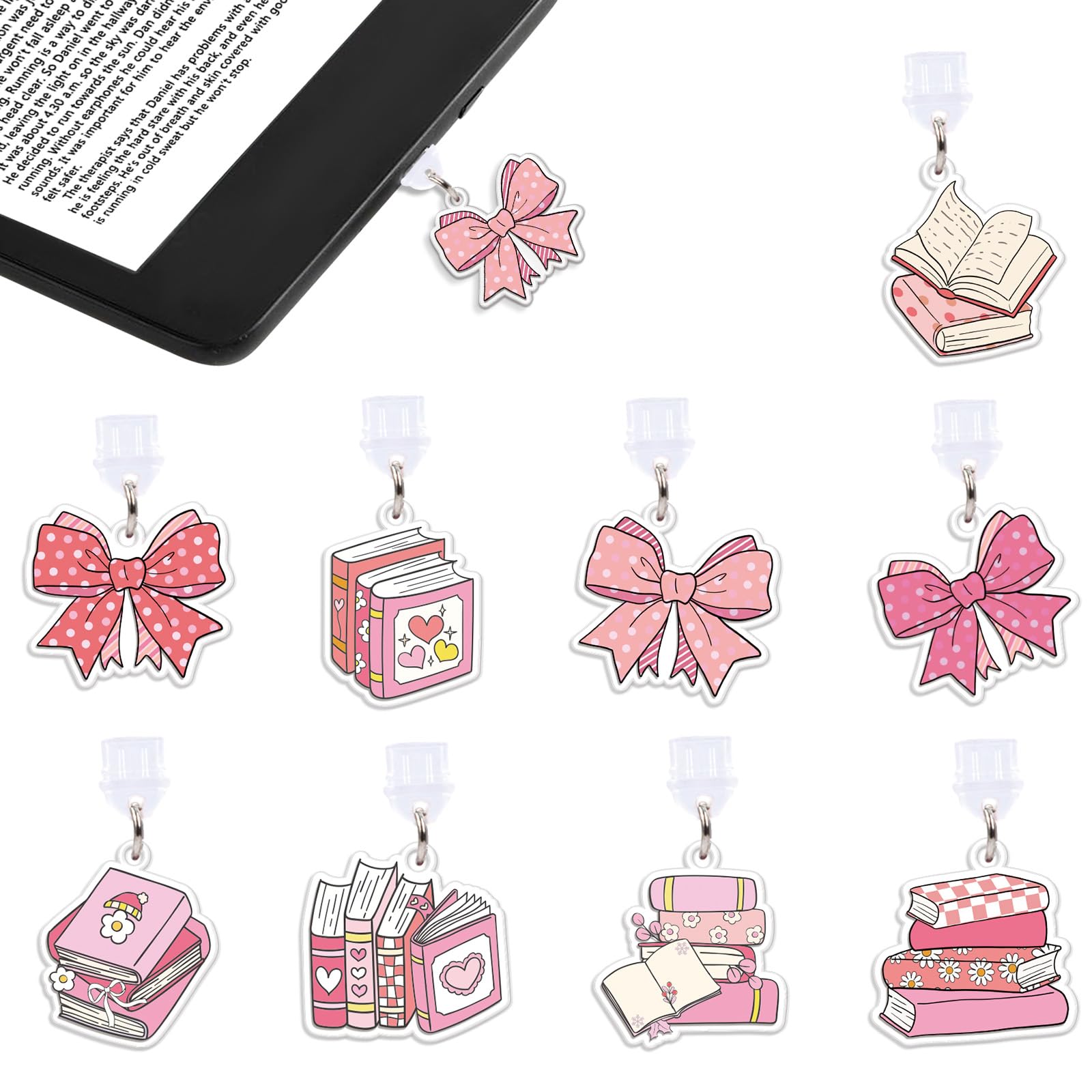 Wxiben Dust Plug Charm for Kindle - 9 Pcs Pink Bow Dust Plugs Compatible with Type C/USB C Coquete Bow Port Pendant Plug Cover Accessories Gift for Phone E-Reader Book Lover Women Teachers Students