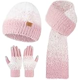 Winter Beanie Hat Scarf Gloves Set for Women, Warm Soft Knit Skull Cap Long Scarf Touchscreen Gloves 3 in 1 Set for Women/Men