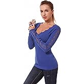 AmélieBoutik Women V Neck Floral Lace Trim Inset Long Sleeve Blouse Top