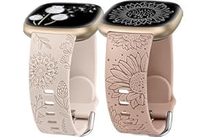 Minyee 2 Packs Floral Engraved Band Compatible with Fitbit Versa 4/Versa 3/Sense 2/Sense Band Women, Cute Silicone Dandelion Sunflower Design Soft Sport Fancy Summer Strap for Versa 4