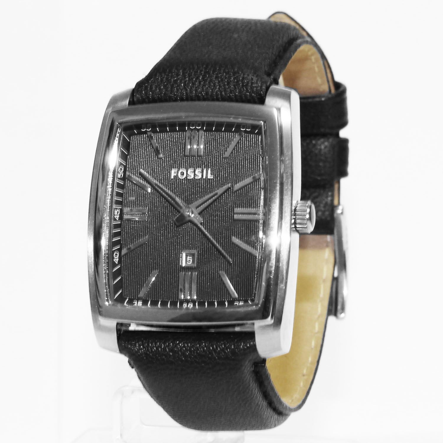 Fossil Mens Analog Rectangular Steel Watch Black Leather Band FS4763