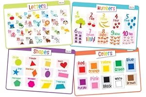 Merka Kids Placemats for Dining Table, 4 Pack Educational Silicone Placemat for Toddlers, Reusable & Washable with Non-Slip Back for Learning Letters, Numbers, Shapes, & Colors, 17 x 11 in