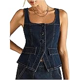 MakeMeChic Women's Denim Tops Square Neck Button Down Sleeveless Going Out Y2k Jean Tank