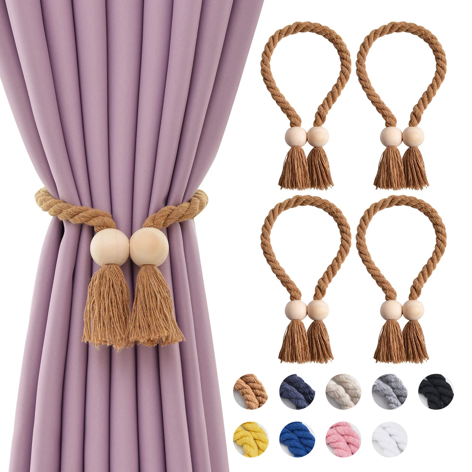 Pretty Jolly 4 Pack Wooden Ball Magnetic Curtain Tiebacks Boho Home Decor Drape Tie Backs Natural Cotton Hand Woven Rope Curtain Holdbacks for Home & Office Window Draperies (Light Coffee)
