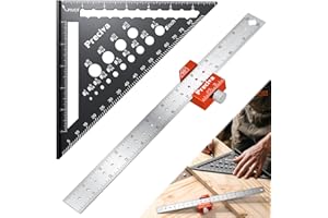 Preciva 2 PCS Aluminum Alloy Carpenter Square Set - 12" Magnetic Combination Square & 7" Rafter Square with Drill Guide | 5-i