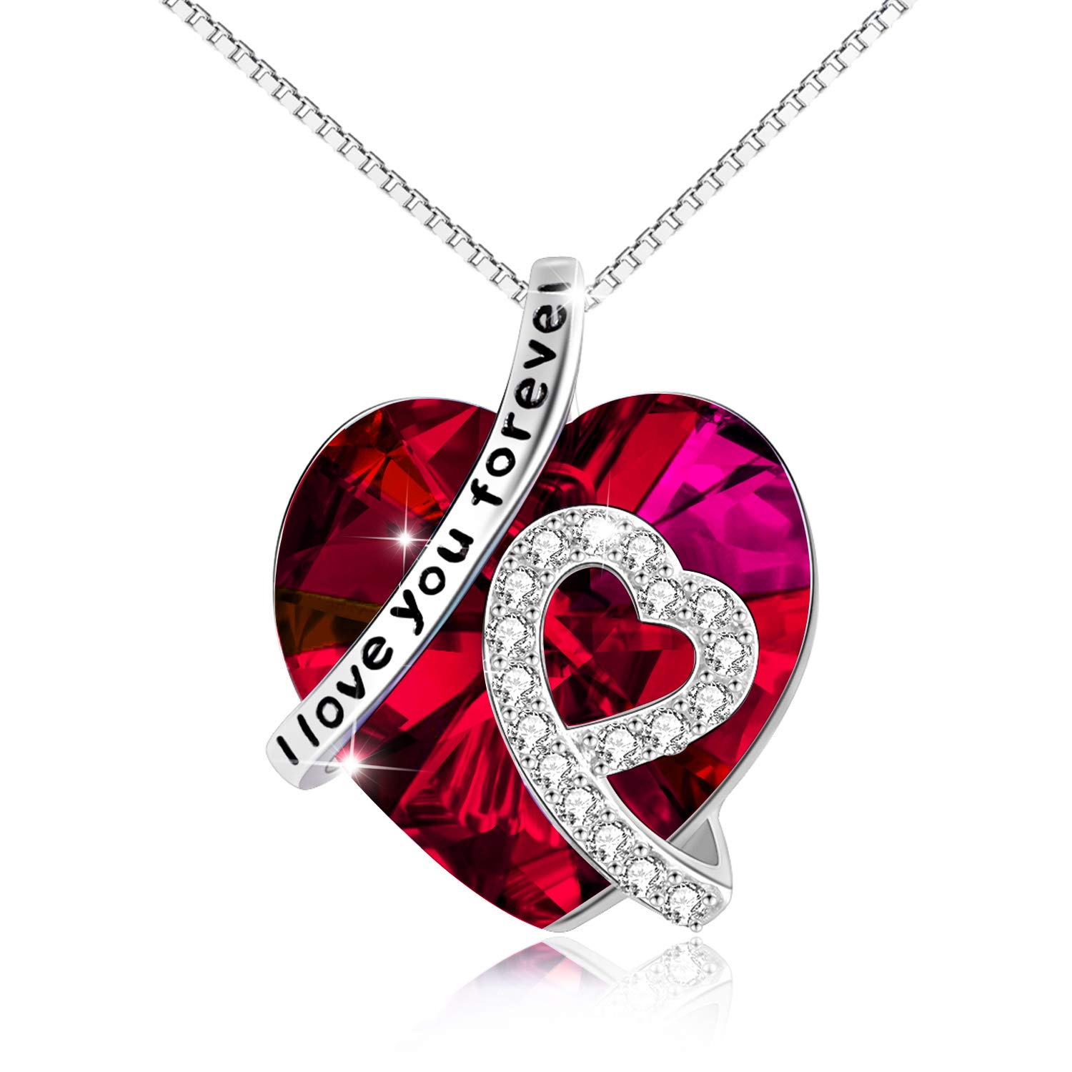 Sterling Silver I Love You Forever Heart Pendant Necklace with Birthstone Crystals, Birthday Wedding Anniversary Jewellery Gifts for Her Women Wife Mum Girlfriend (Red) — image 1