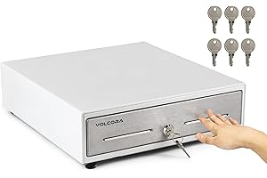 Volcora 13" Manual Push Open Cash Register Drawer for Point of Sale (POS) System - White with Stainless Steel Front Touch Panel - with 4 Bills and 5 Coin Slots, Key Lock with Removable Coin Tray