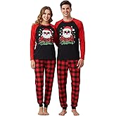 Hotfiary Matching Christmas Couple Pajamas Sets 2 Piece Xmas PJs for Couples Women & Men Long Sleeve Pjs Sleepwear Loungewear