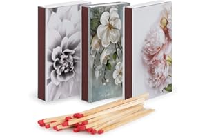 TRIBELLO Box Matches, Long Wooden Matches, Strike on Box - Kitchen Matches - Decorative Candle and Fireplace Wood Matches- 3 Pack - 135 Matches Total (Flower Design)
