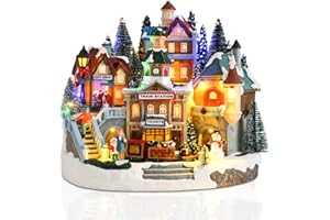 VCUTEKA Animated Christmas Village Houses, Lighted Musical Xmas Village Train Station Scene Rotating Train, Snowman, Victorian Christmas Village Collectible Decoration for Holiday Table Display