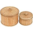 HUAXIN CRAFT H Rattan Round Decorative Box with Lid, Set of 2(Natural 7 inches and 5inches Diameter), Bohemian Wood Box For Storage.