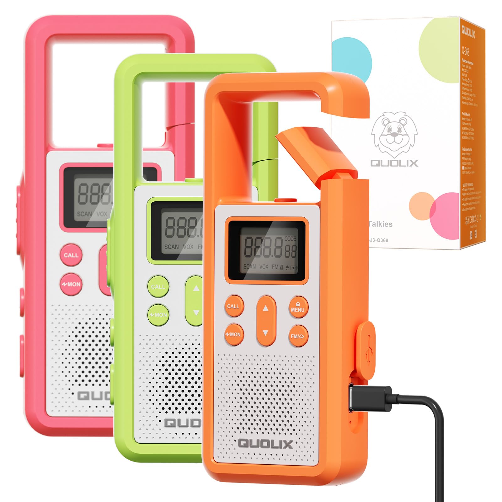 QUOLIX Kids Walkie Talkies, Rechargeable 8 Channels Long Range Walkie Talkies for Boys Girls Ages 3-12, Camping Hiking Toys with SOS/VOX/Torch, Birthday Gift for Kids, 12H Battery & USB Charging