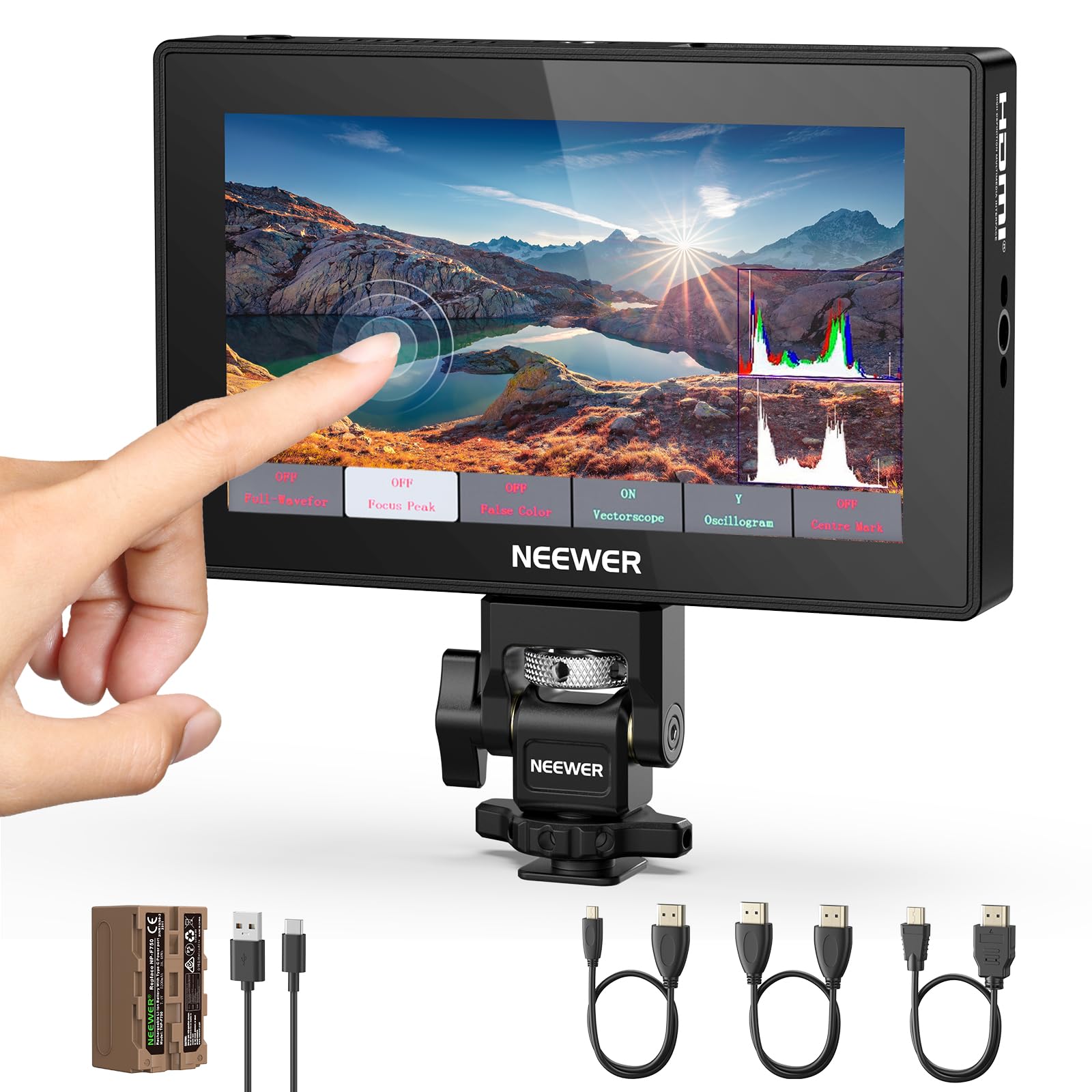 Photo 1 of NEEWER 5.5" Camera Field Monitor, 2000nit HD 1920x1080 IPS Touch Screen, 4K HDMI Loop in/Out with 3D LUT Peak Focus DSLR Video Assist HDR Waveform, 5200mAh F750 Battery, DC7-24V/Type C 5V In, F500 PRO