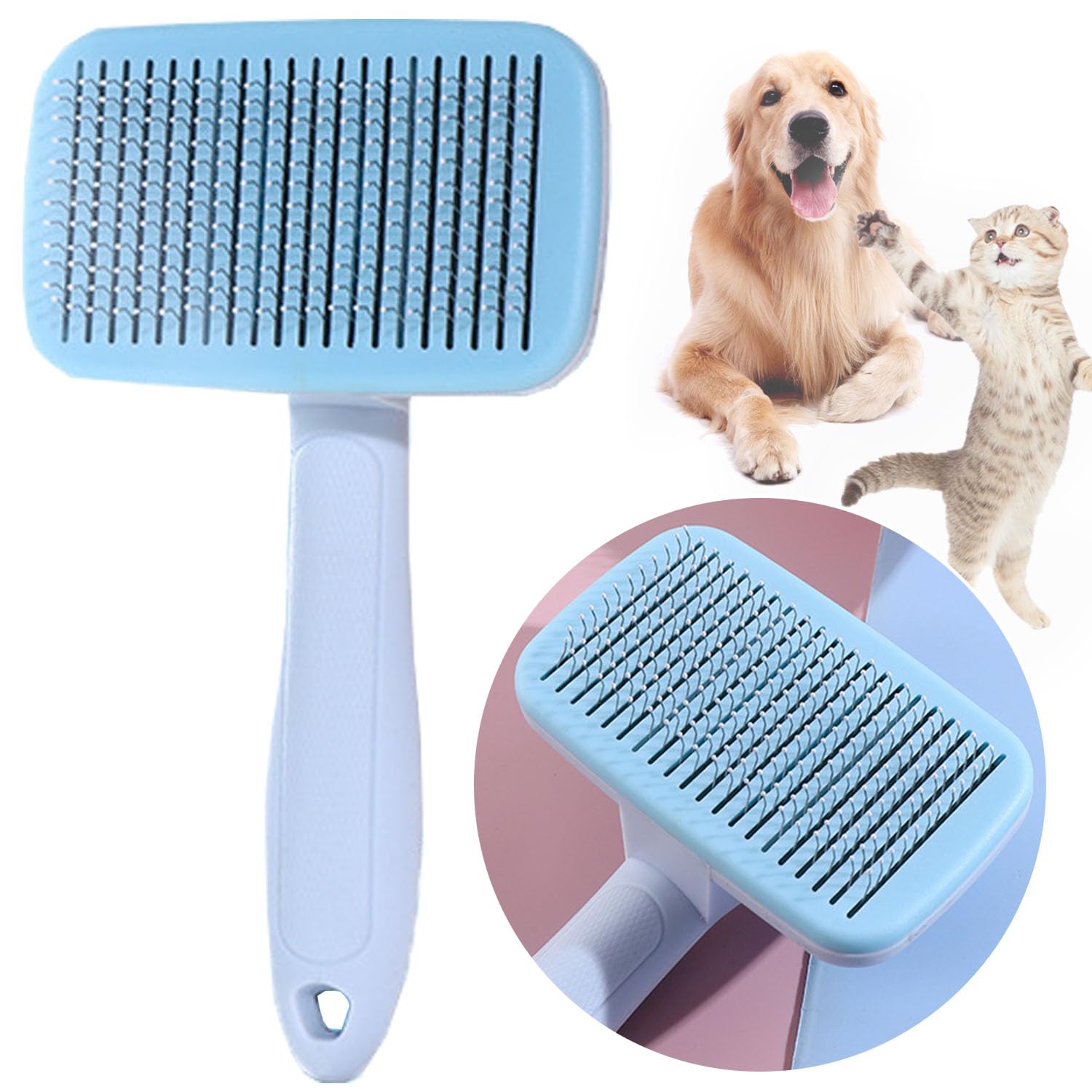 Dog Brush Cat Brush Grooming Comb, Self Cleaning Slicker Dog Brush, Cat Hair Brush for Grooming, Rounded Pins Cat Brush for Short Haired Cats, Pet Grooming Tool with Cleaning Button(Blue)