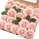 Floroom Artificial Flowers 25pcs Real Looking Blush Heirloom Foam Fake Roses with Stems for DIY Wedding Bouquets Pink Bridal Shower Centerpieces Floral Arrangements Party Tables Home Decorations