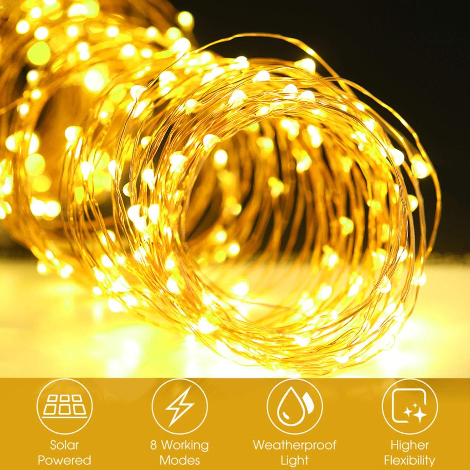 Solar Powered String Lights,Solar Fairy Lights,10 Meters/ 33Ft 100LEDS / 8 Modes,Waterproof Copper Wire Lighting for Indoor，Outdoor，Wedding，Patio，Home，Garden Decoration[2 Pack]Warm White (Warm White): Home & Kitchen