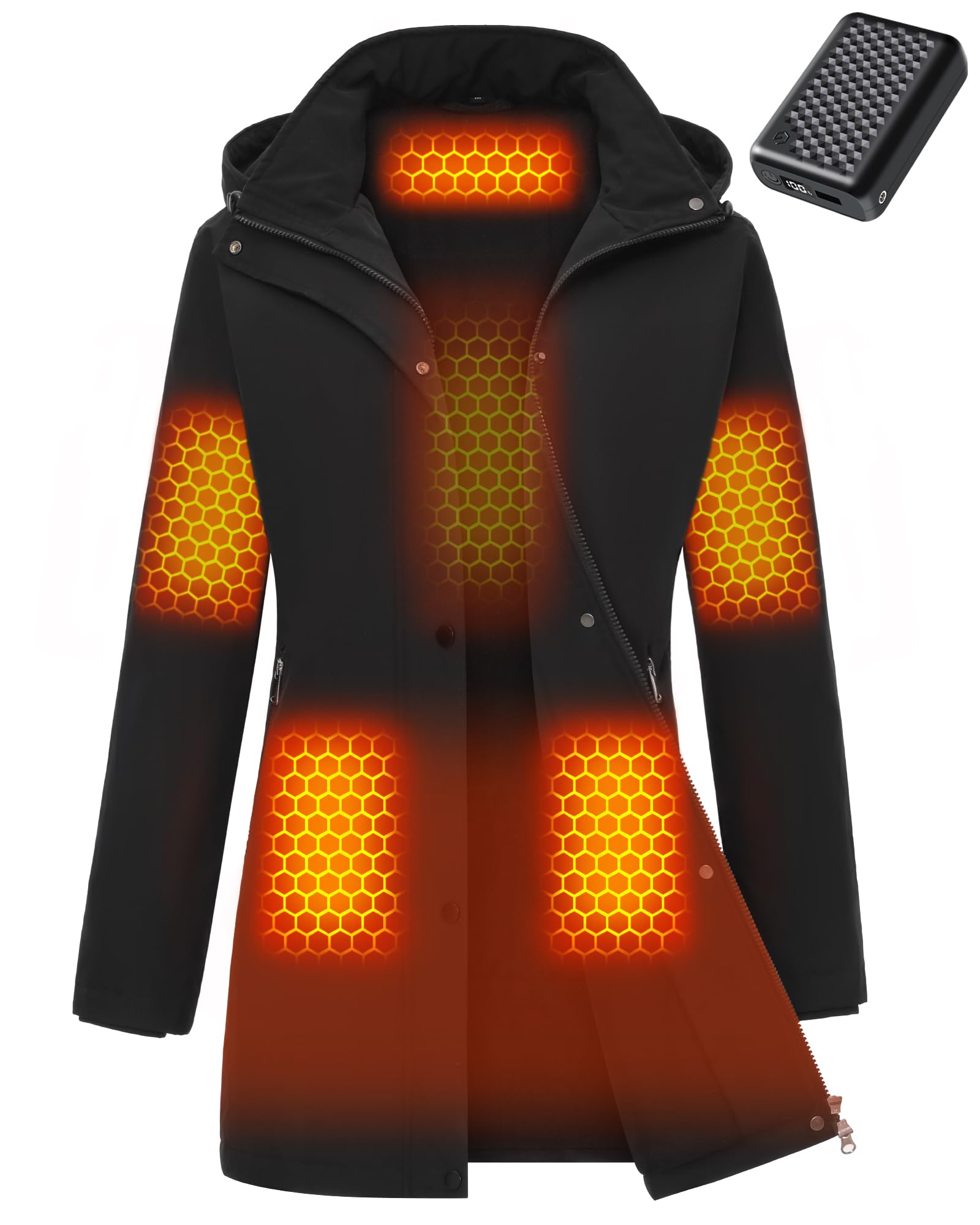 Photo 1 of Women Long Heated Jacket Battery Pack Included Waterproof Ladies Rain Coat with Hoodie 12v 7.4v Graphene Rechargeable Usb Electric Winter Warm Puffer Apparel Thermal Clothes Sweater Sweatshirt Hoodie